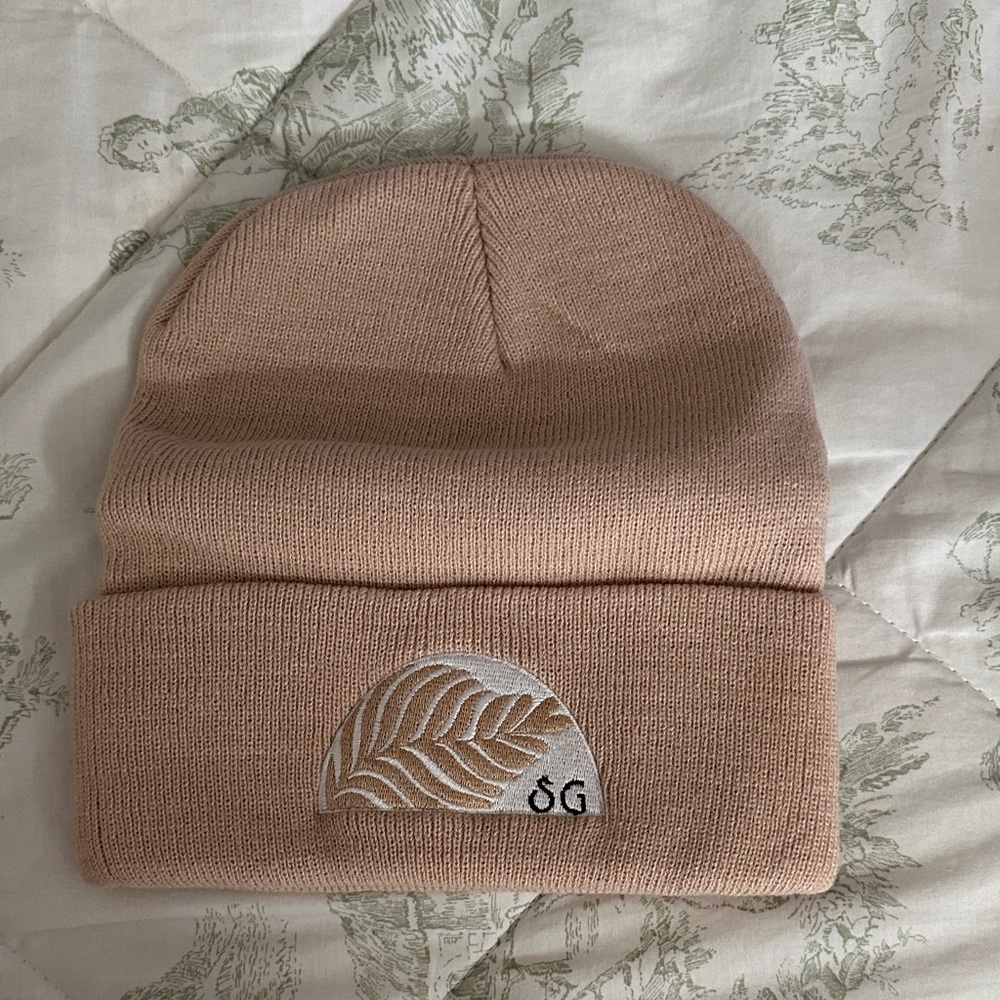 Beige Knit Beanie with Leaf Embroidery STOMPING GROUNDS COFFEE HOUSE MERCH